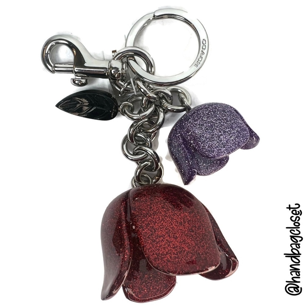 COACH GLITTER RESIN TEA ROSE BAG CHARM F58514 SILVER RED PURPLE TULIP KEYCHAIN - Picture 11 of 11